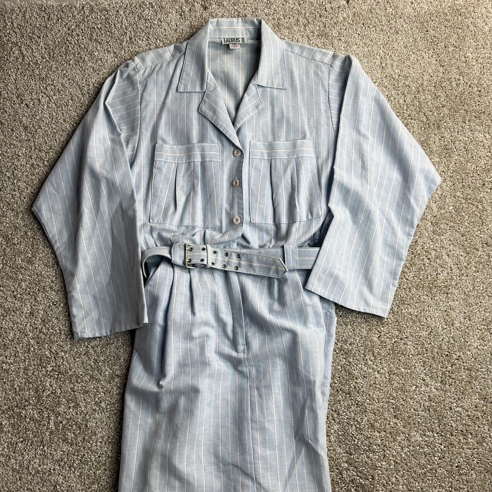 Vintage Taurus II Shirt Dress Womens Medium Blue Stripe Belted Union Made Midi
